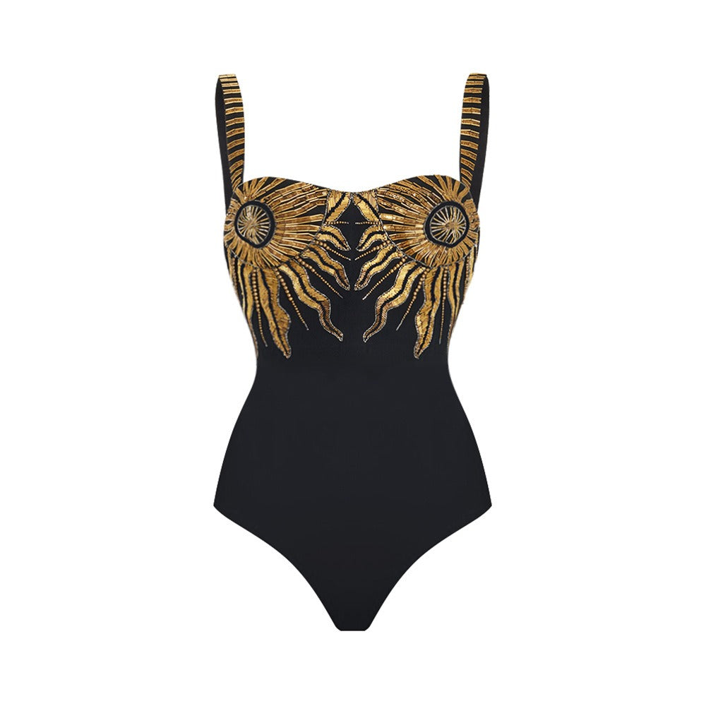 Black and gold glitter one piece swimsuit for women's vacation suit dress