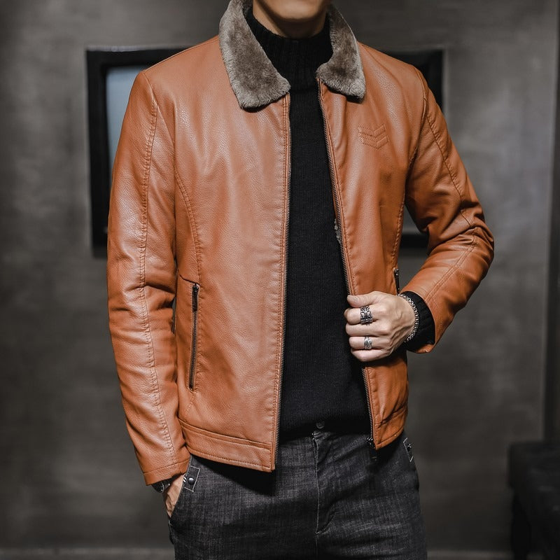 Autumn new men's leather jacket, men's leather jacket, lapel collar, middle-aged and elderly men's clothing, plus plush