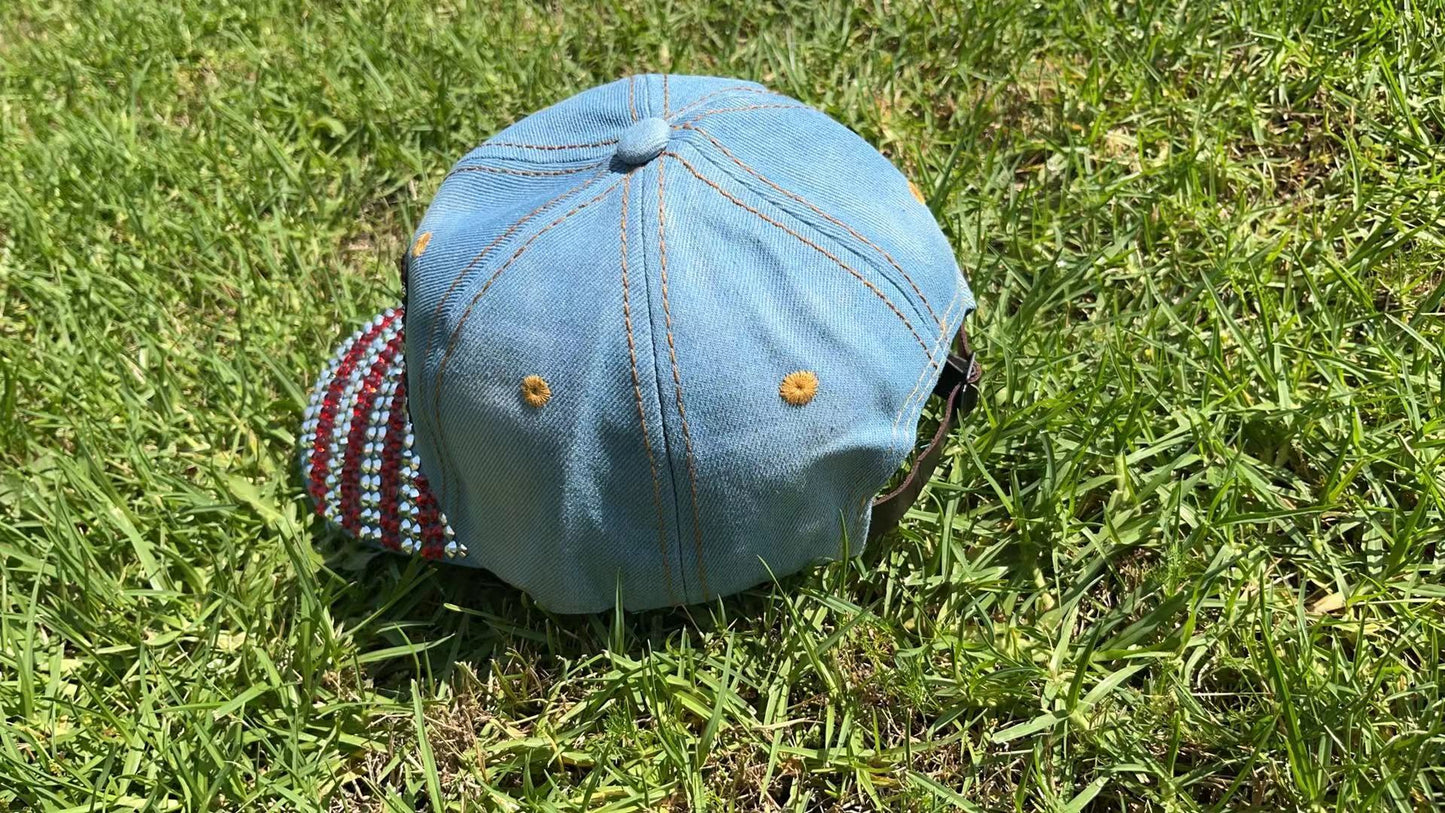 American Flag Hat, Patriotic USA Bling Hat, Sparkling Rhinestone Denim Baseball Cap, Gift for Independence Day （sky blue）