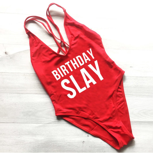 Cross Back BIRTHDAY SLAY Swimwear Women One Piece Swimsuit Sexy Bathing Suit Mayo Beachwear