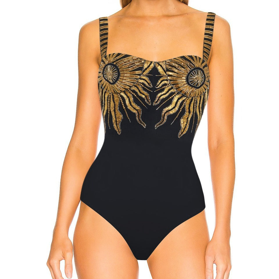 Black and gold glitter one piece swimsuit for women's vacation suit dress