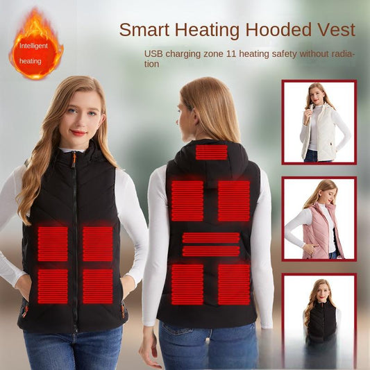 Winter women's hot vest, hooded, cold resistant, warm vest, USB electric heating suit, 11 zone intelligent heating suit