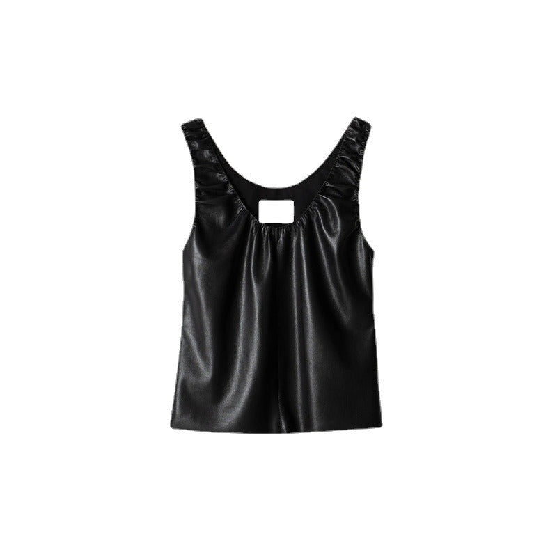 Artificial leather pleated sleeveless top vest for women