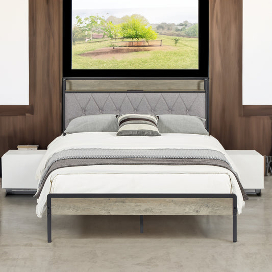 Bed frame with charging station full size, Grey, 83.1'' L x 56.1'' W x 39.2'' H.