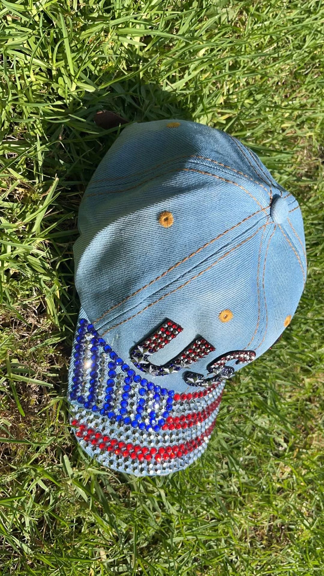 American Flag Hat, Patriotic USA Bling Hat, Sparkling Rhinestone Denim Baseball Cap, Gift for Independence Day （sky blue）