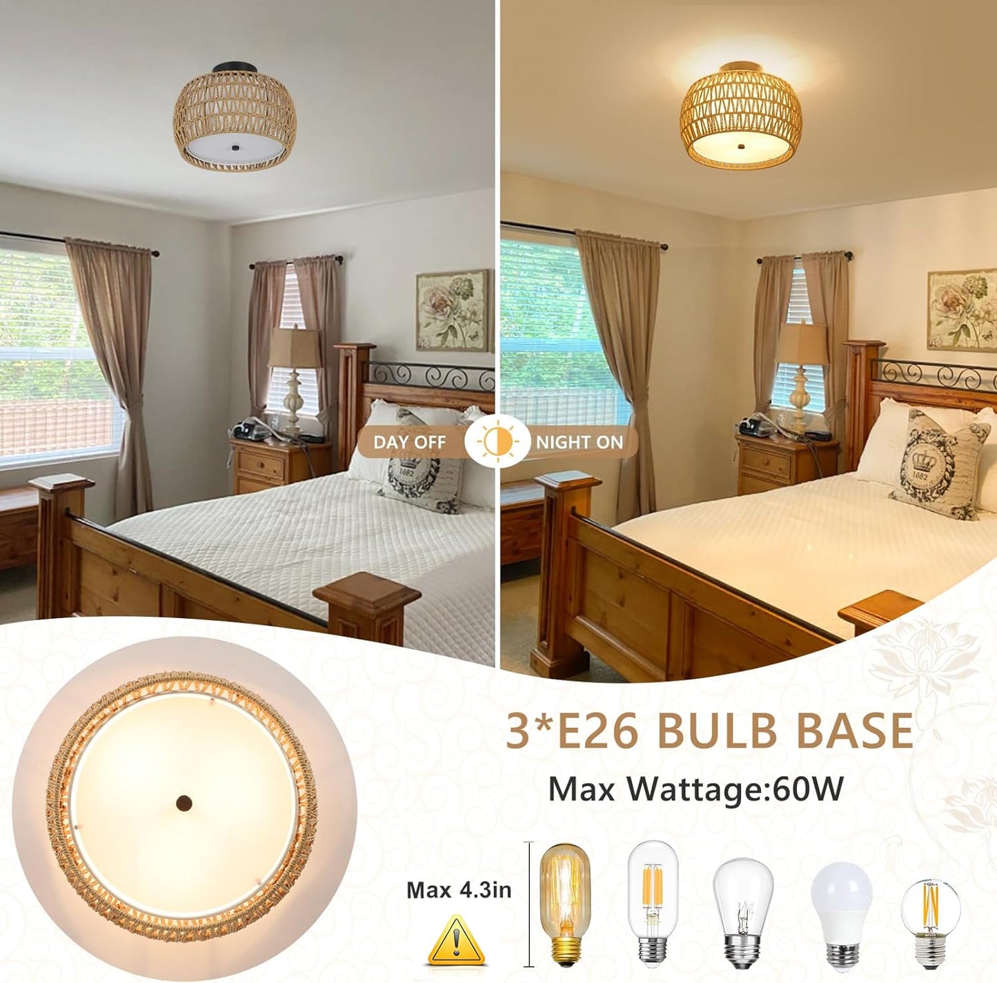 Boho Light Fixtures Ceiling Mount, Rattan Semi Flush Mount Ceiling Light, Farmhouse Light Fixtures with Fabric Shades