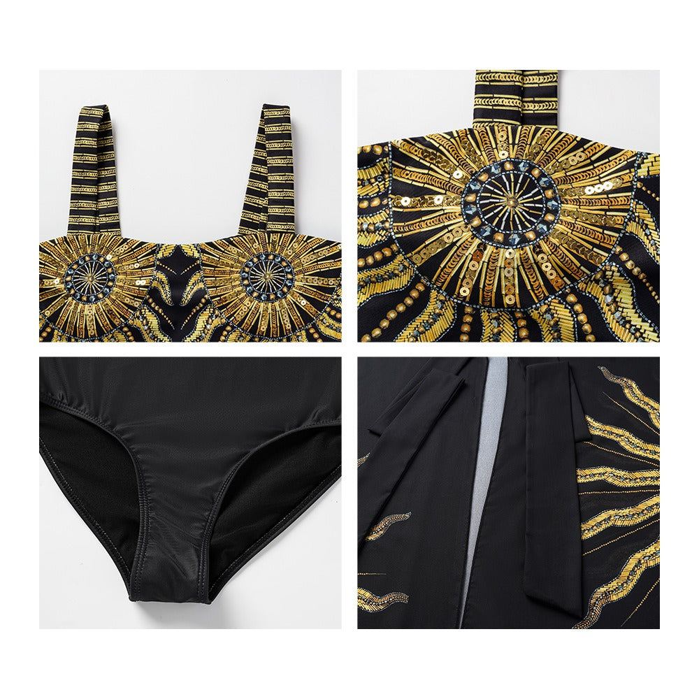 Black and gold glitter one piece swimsuit for women's vacation suit dress