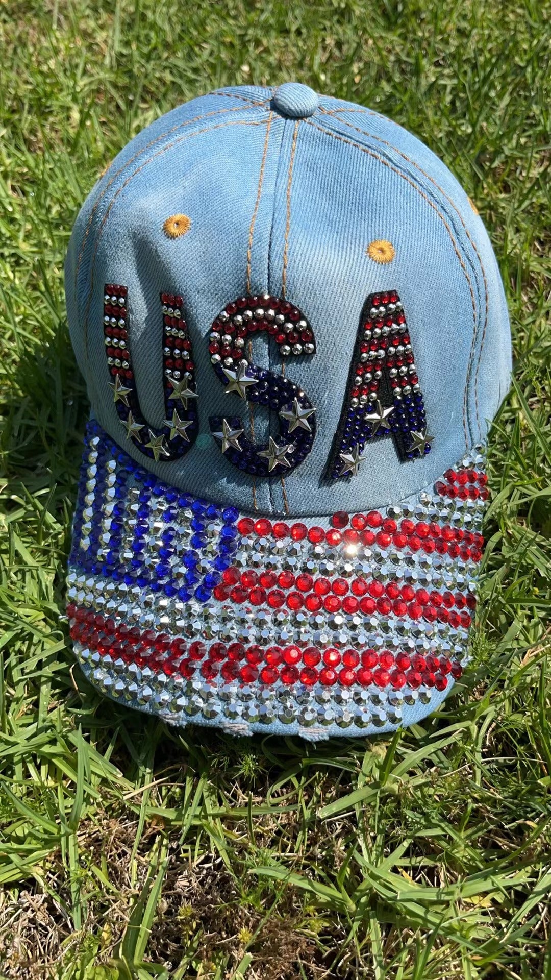 American Flag Hat, Patriotic USA Bling Hat, Sparkling Rhinestone Denim Baseball Cap, Gift for Independence Day （sky blue）